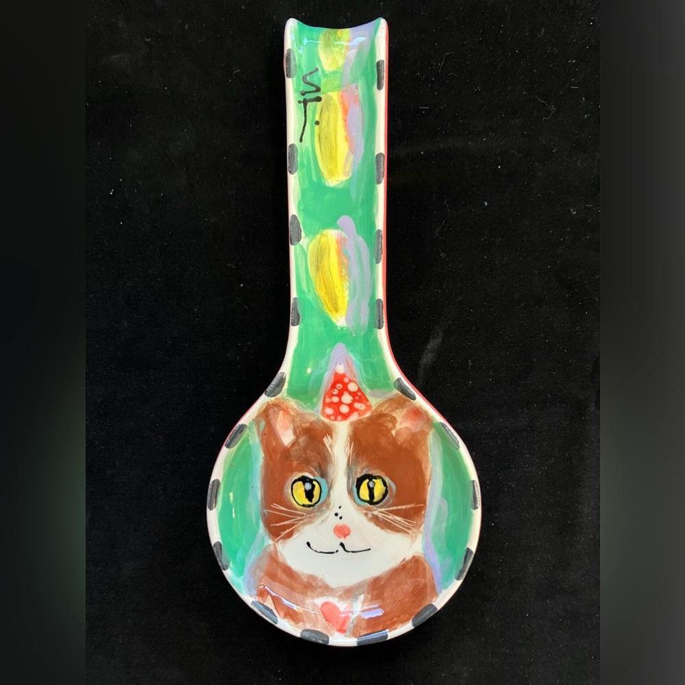 Whimsical Cat Ceramic Hand painted Spoon Rest “11”x5”